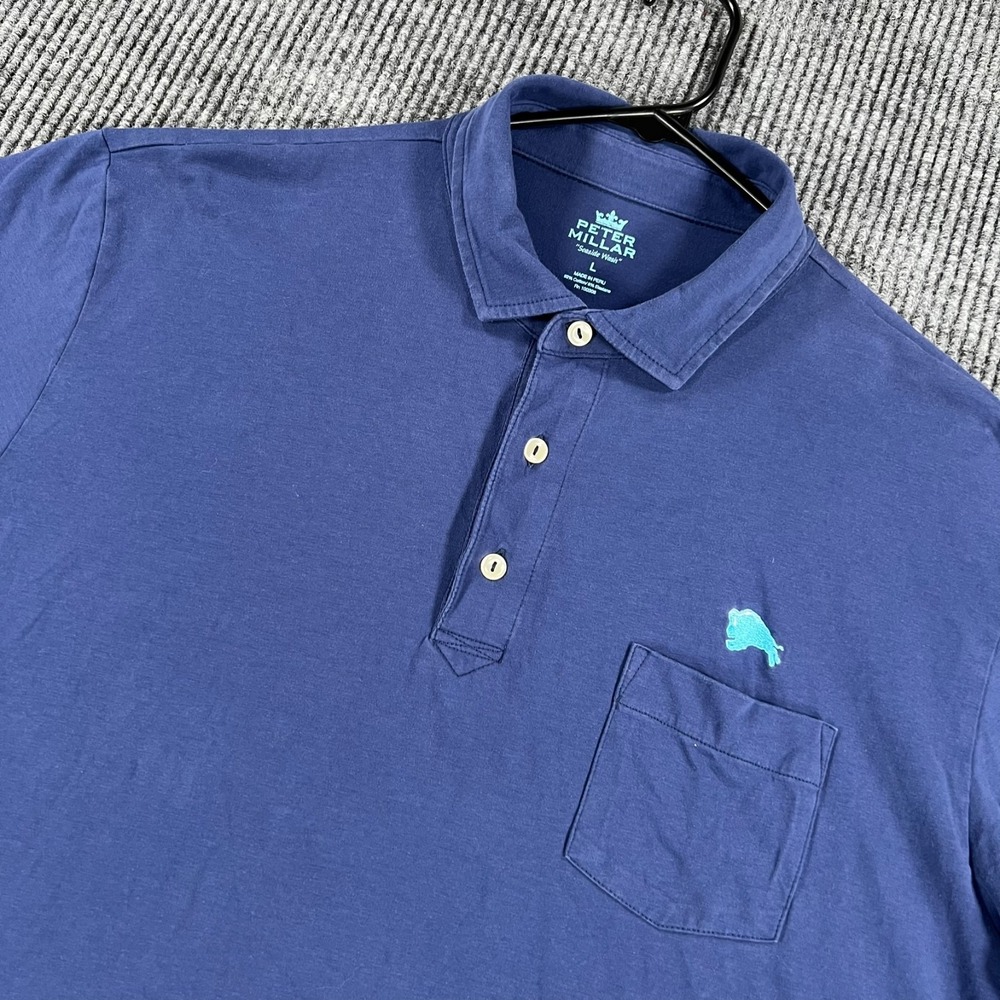Peter Millar Seaside Wash Polo Shirt Mens Large Blue Short Sleeve Pocket Golf